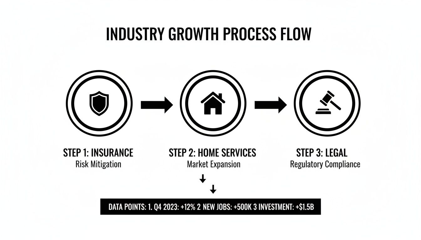 Flowchart depicting industry growth steps: Insurance, Home Services, and Legal, with Q4 2023 data points.