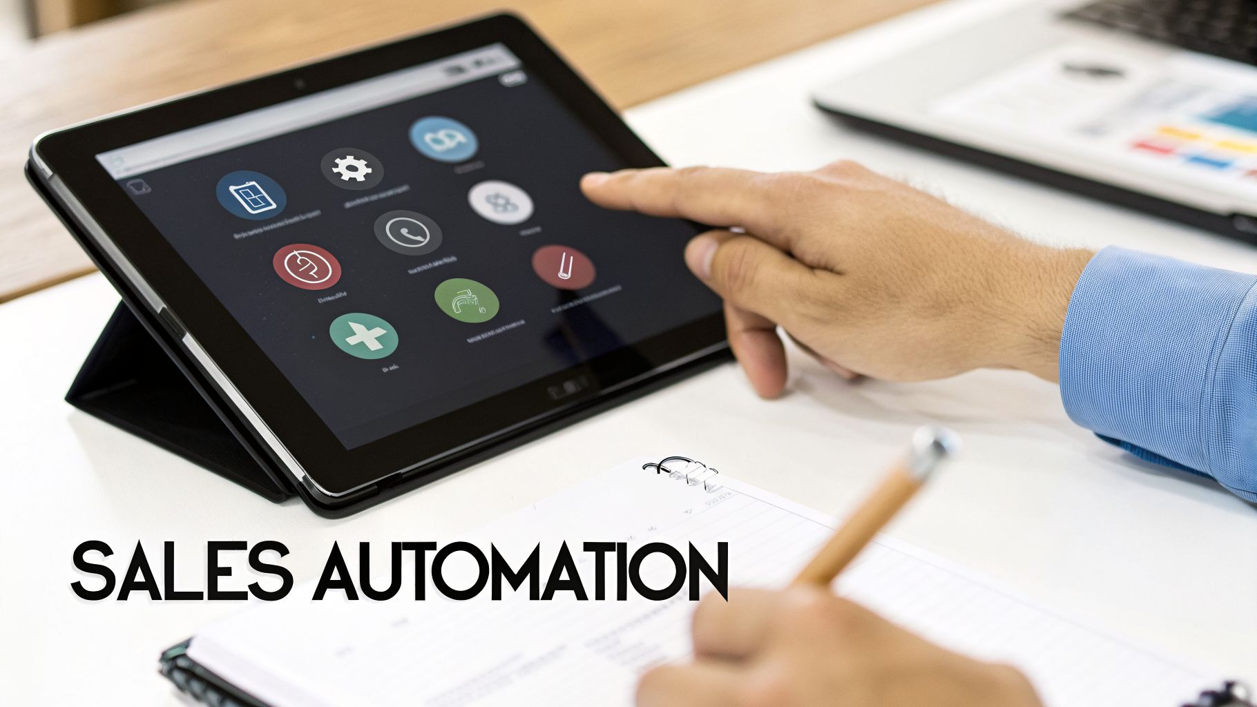 Person using a tablet with business apps and writing in a notebook, symbolizing sales automation.