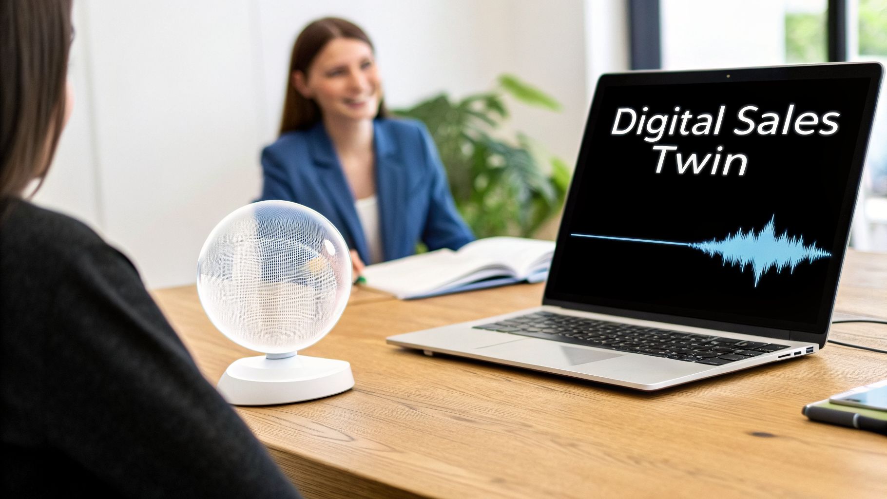 Two women in a meeting, with a laptop displaying 'Digital Sales Twin' and a sound wave.