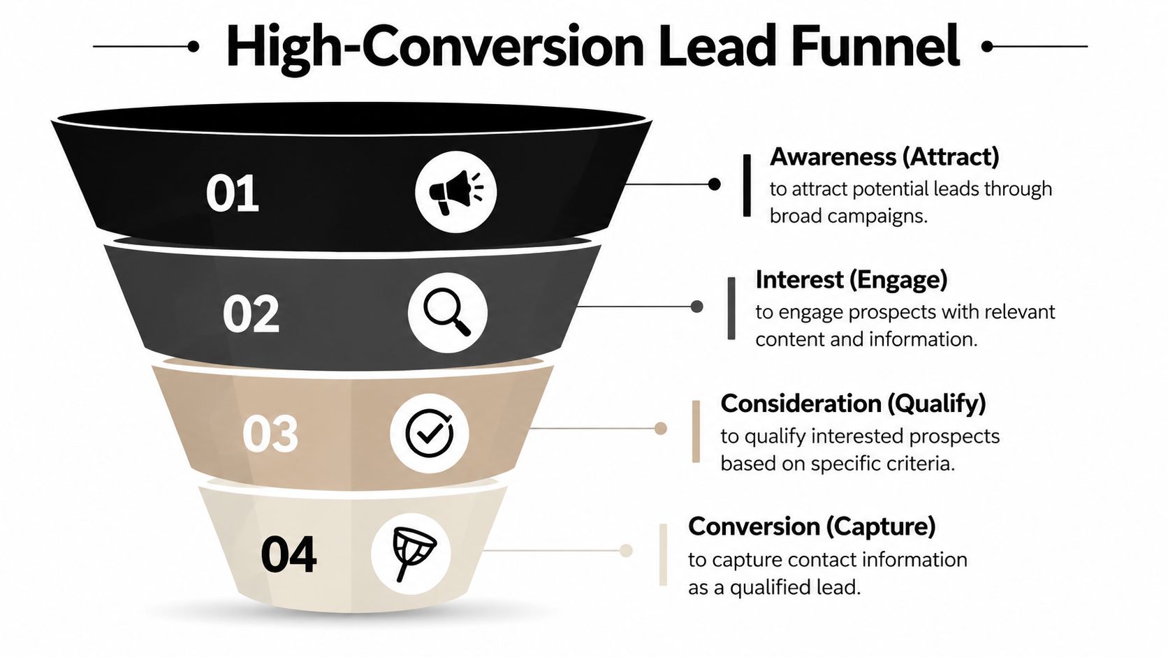 A four-stage funnel diagram illustrating the high-conversion lead generation process from awareness to conversion.