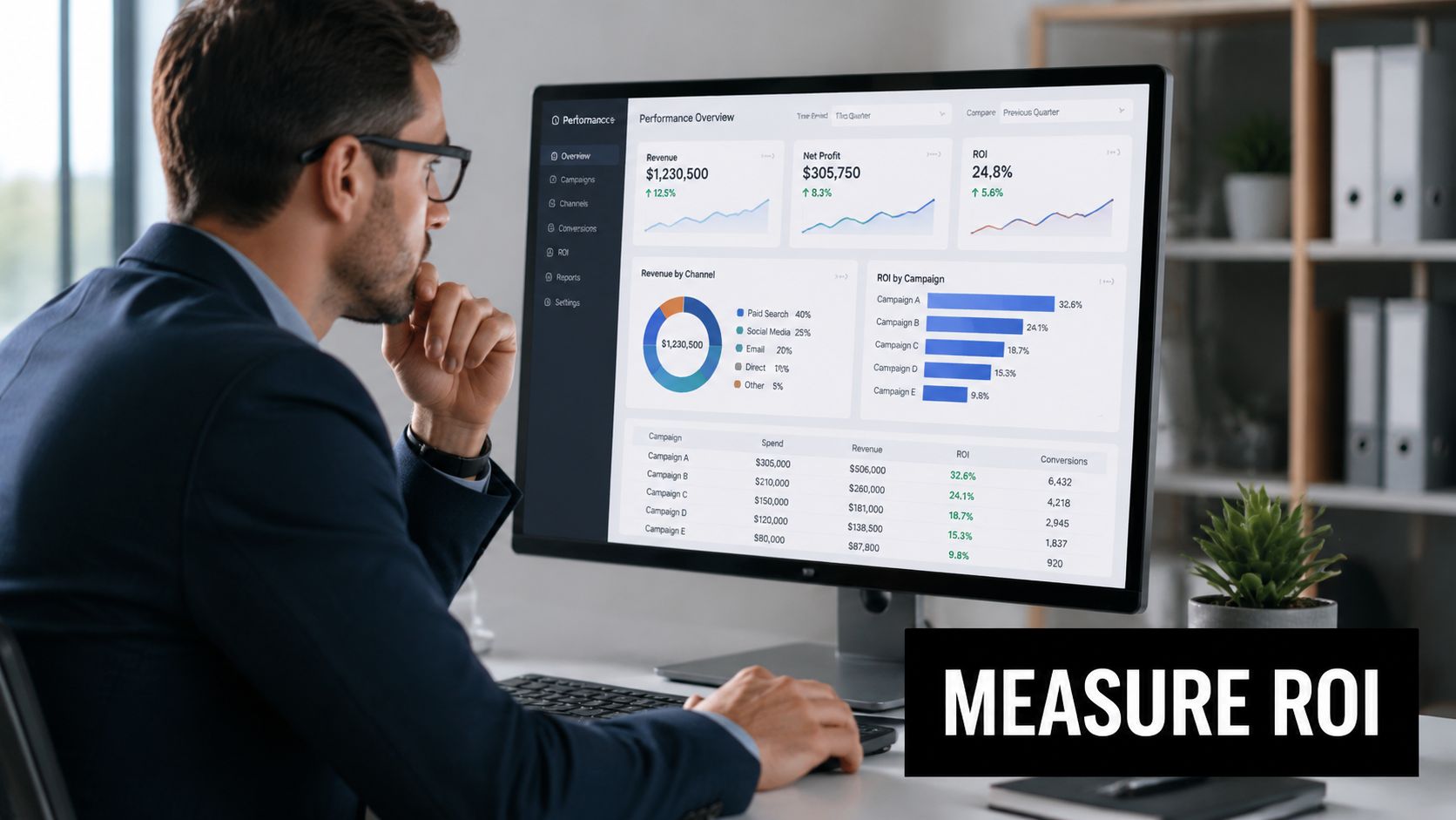 A professional man in a suit reviewing marketing performance analytics and ROI metrics on a computer monitor.