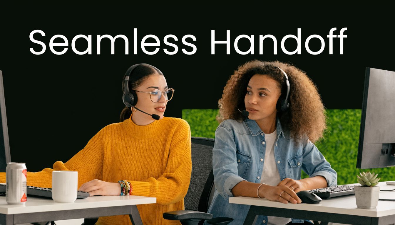 Two professional customer support agents wearing headsets collaborating at their desks in a modern office environment.