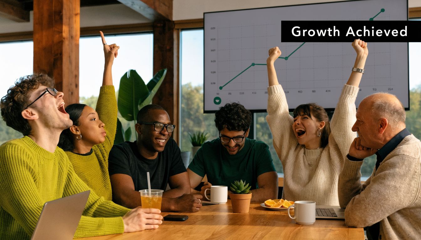 A diverse group of colleagues celebrating their project success while looking at a growth chart in office.
