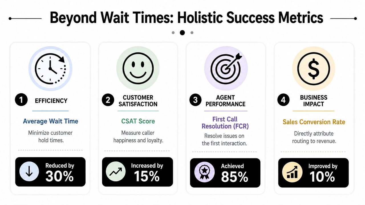 An infographic displaying four holistic success metrics for call routing software: efficiency, customer satisfaction, agent performance, and business impact.