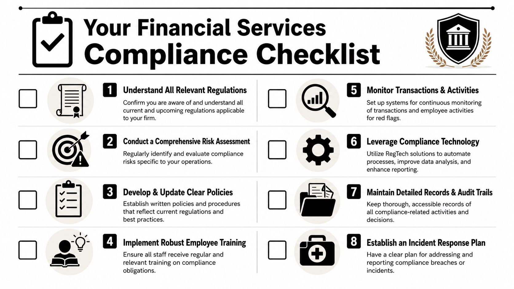 A checklist infographic outlining eight essential steps for maintaining compliance within financial services organizations.
