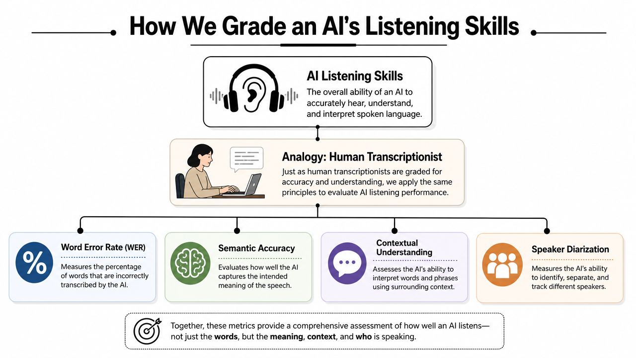 An infographic titled How We Grade an AI's Listening Skills, illustrating metrics for evaluating voice recognition.