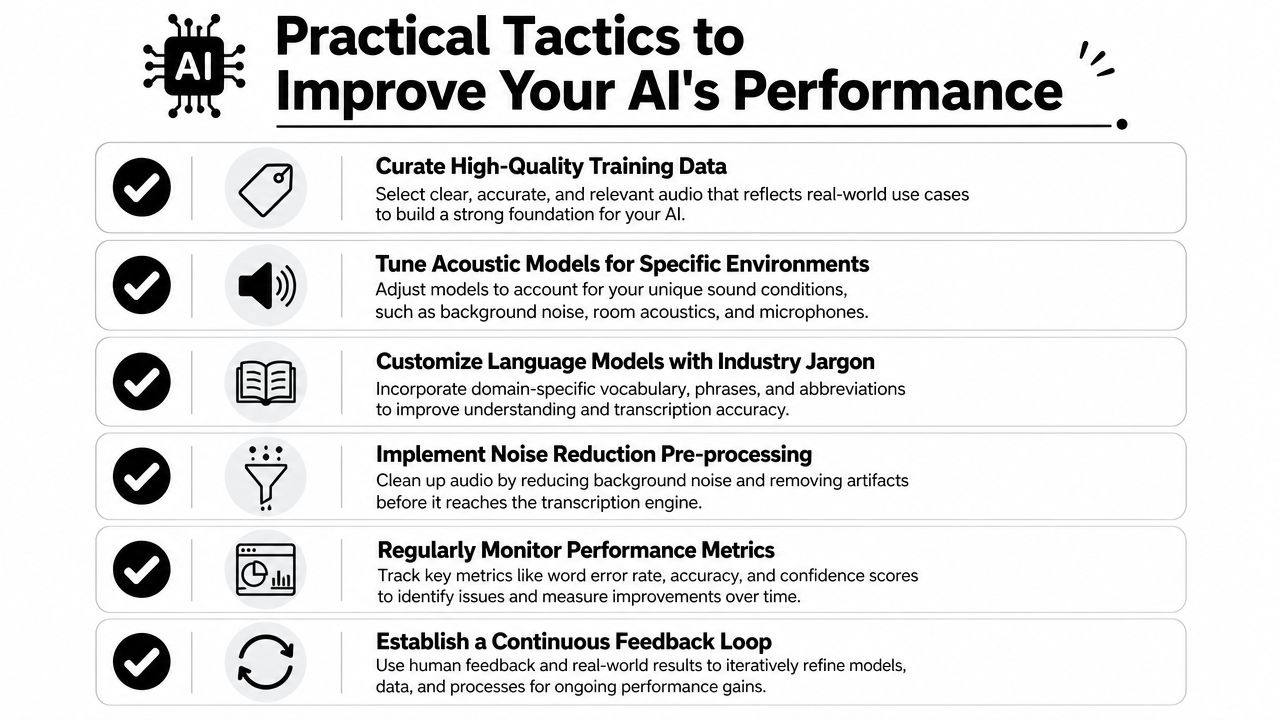 An infographic detailing six practical tactics to improve AI speech recognition performance for better transcription accuracy.