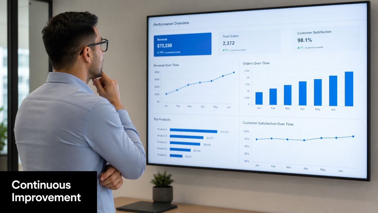 A professional man in a dress shirt analyzing business performance data on a large wall screen.